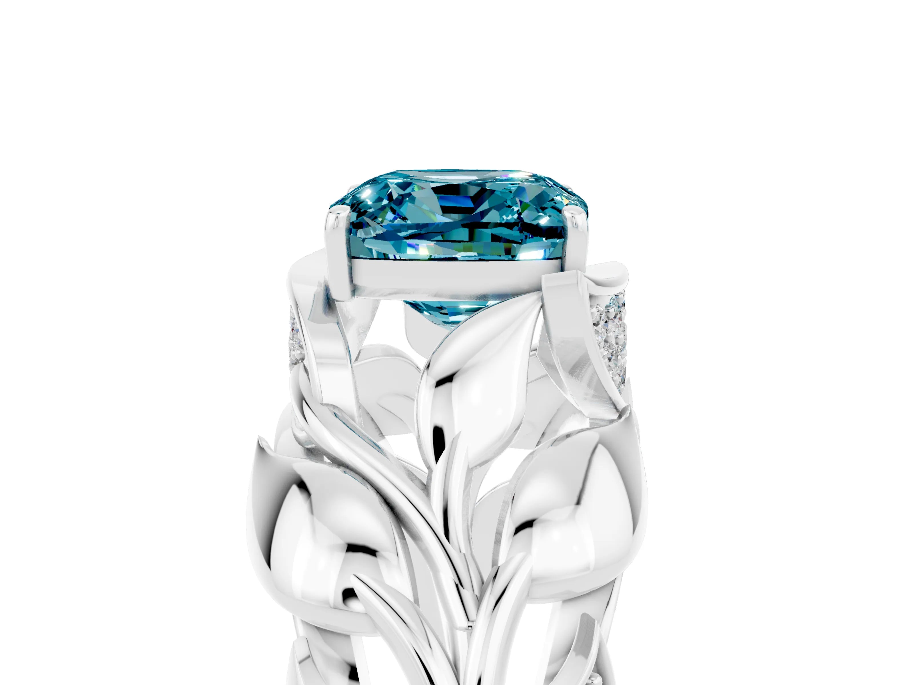 White gold Cushion Cut Solitaire Leaf-Inspired Engagement Ring with Prong Setting_5