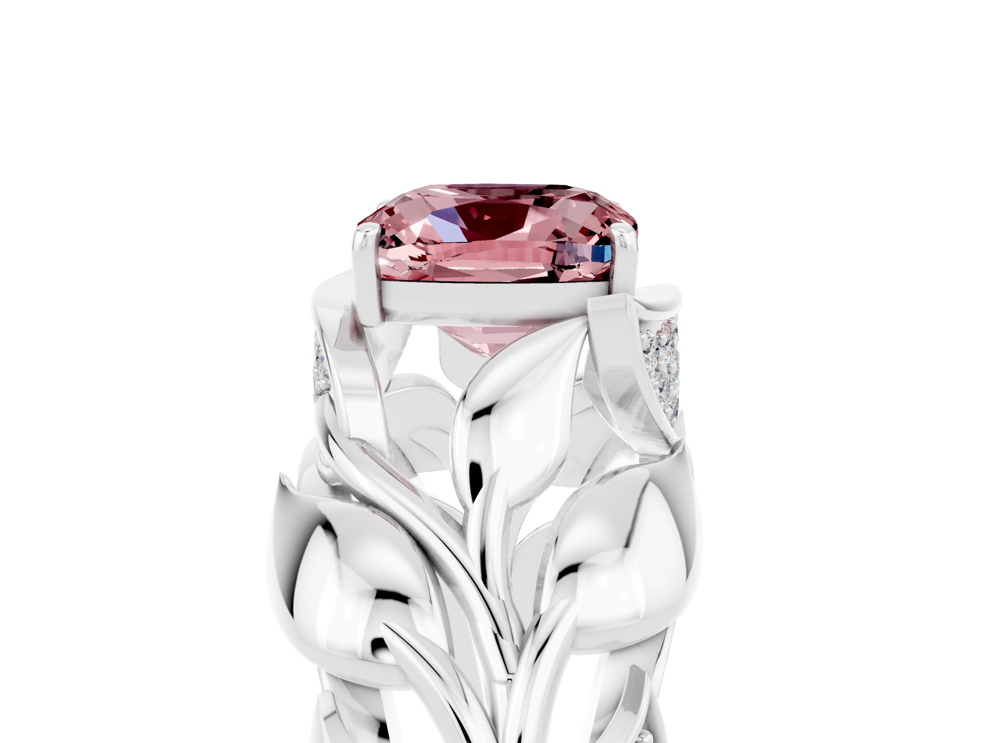 White gold Cushion Cut Solitaire Leaf-Inspired Engagement Ring with Prong Setting_5