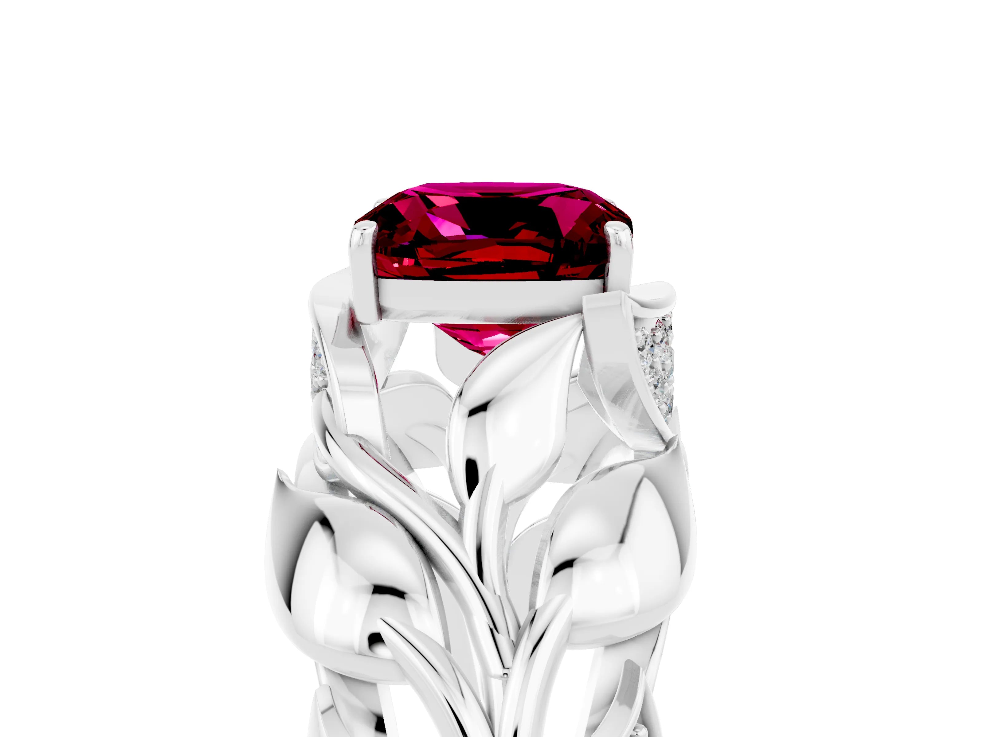 White gold Cushion Cut Solitaire Leaf-Inspired Engagement Ring with Prong Setting_5