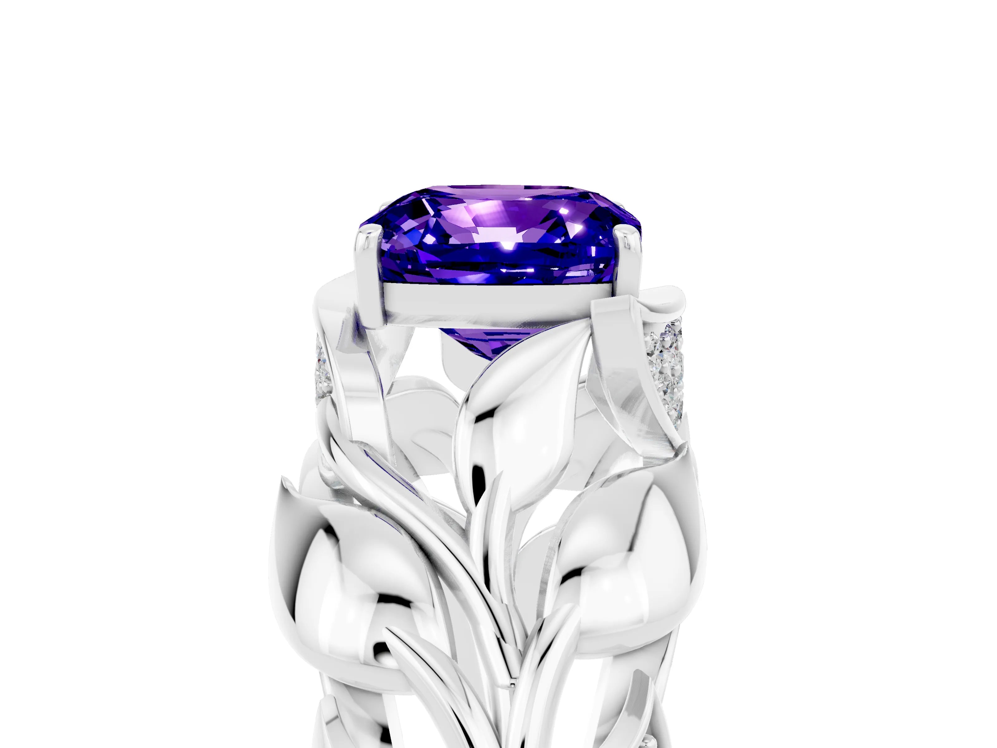 White gold Cushion Cut Solitaire Leaf-Inspired Engagement Ring with Prong Setting_5