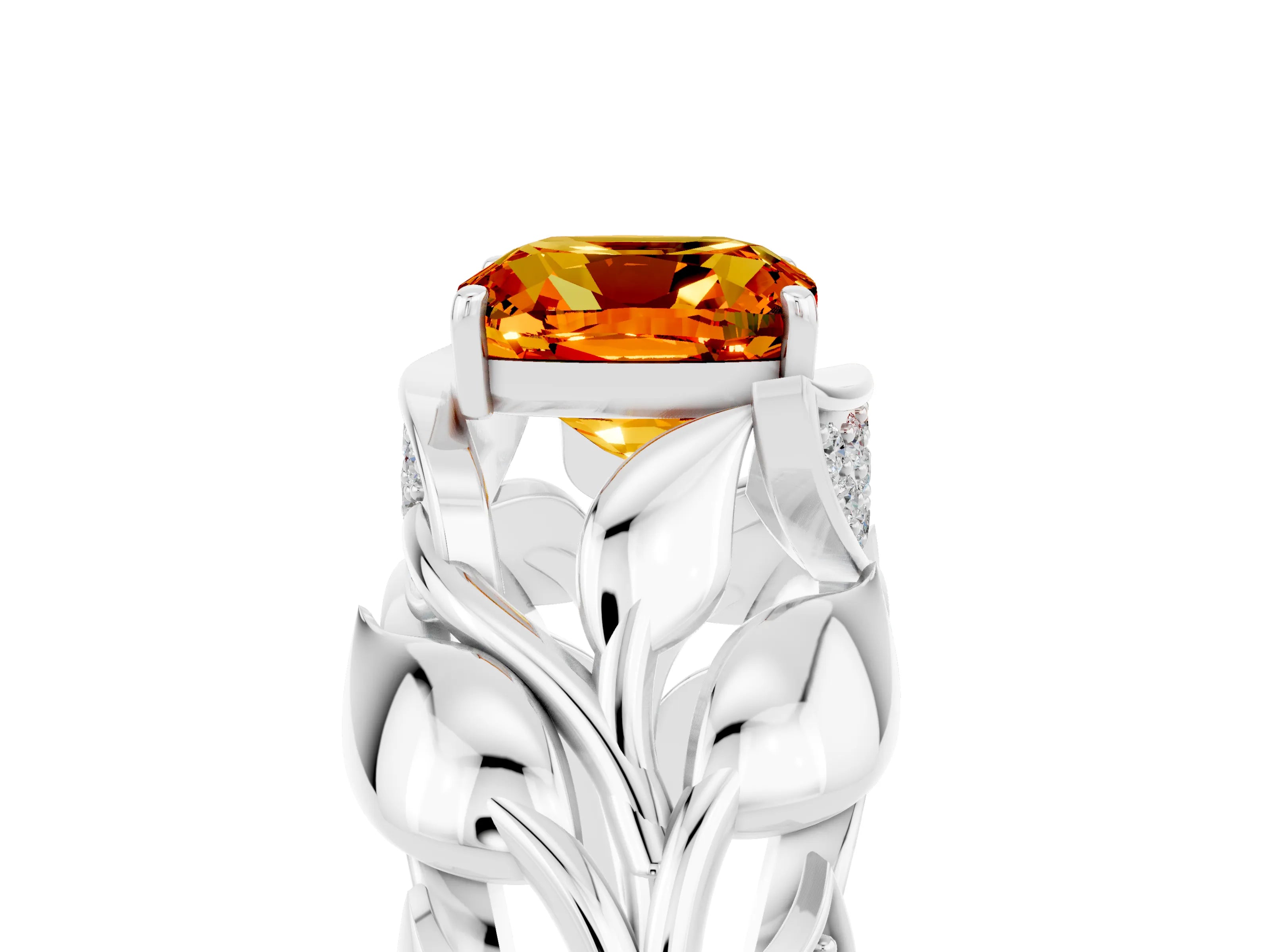 White gold Cushion Cut Solitaire Leaf-Inspired Engagement Ring with Prong Setting_5