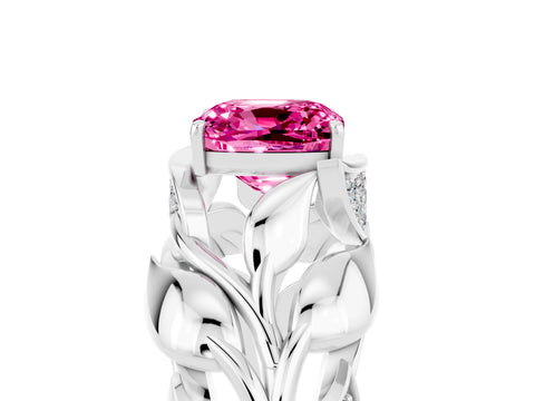 White gold Cushion Cut Solitaire Leaf-Inspired Engagement Ring with Prong Setting_5