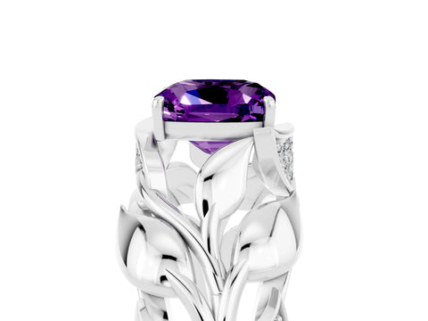 White gold Cushion Cut Solitaire Leaf-Inspired Engagement Ring with Prong Setting_5