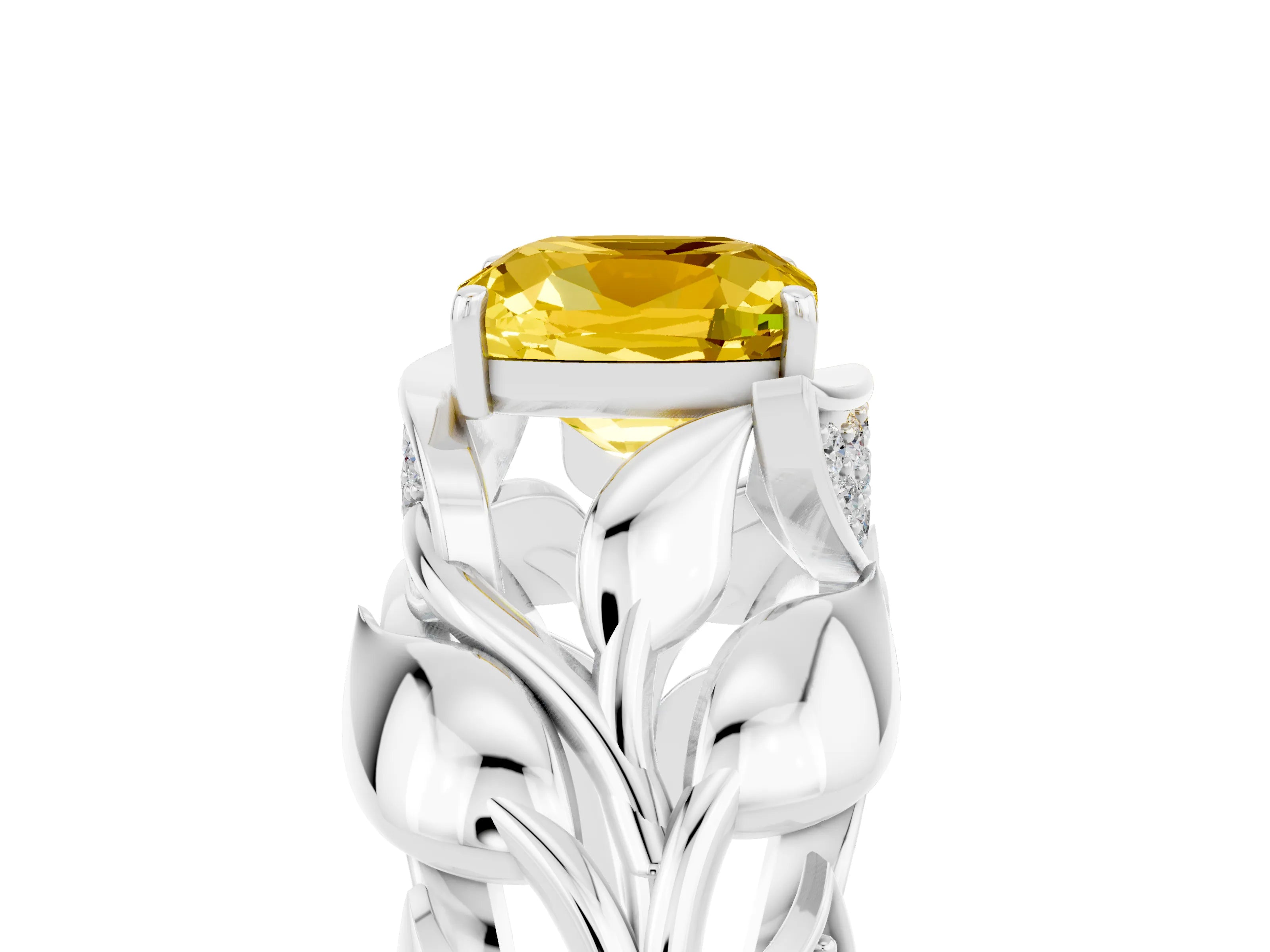 White gold Cushion Cut Solitaire Leaf-Inspired Engagement Ring with Prong Setting_5