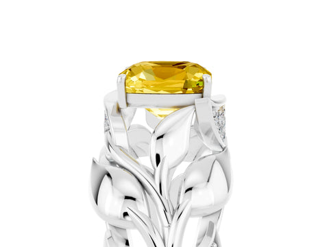 White gold Cushion Cut Solitaire Leaf-Inspired Engagement Ring with Prong Setting_5