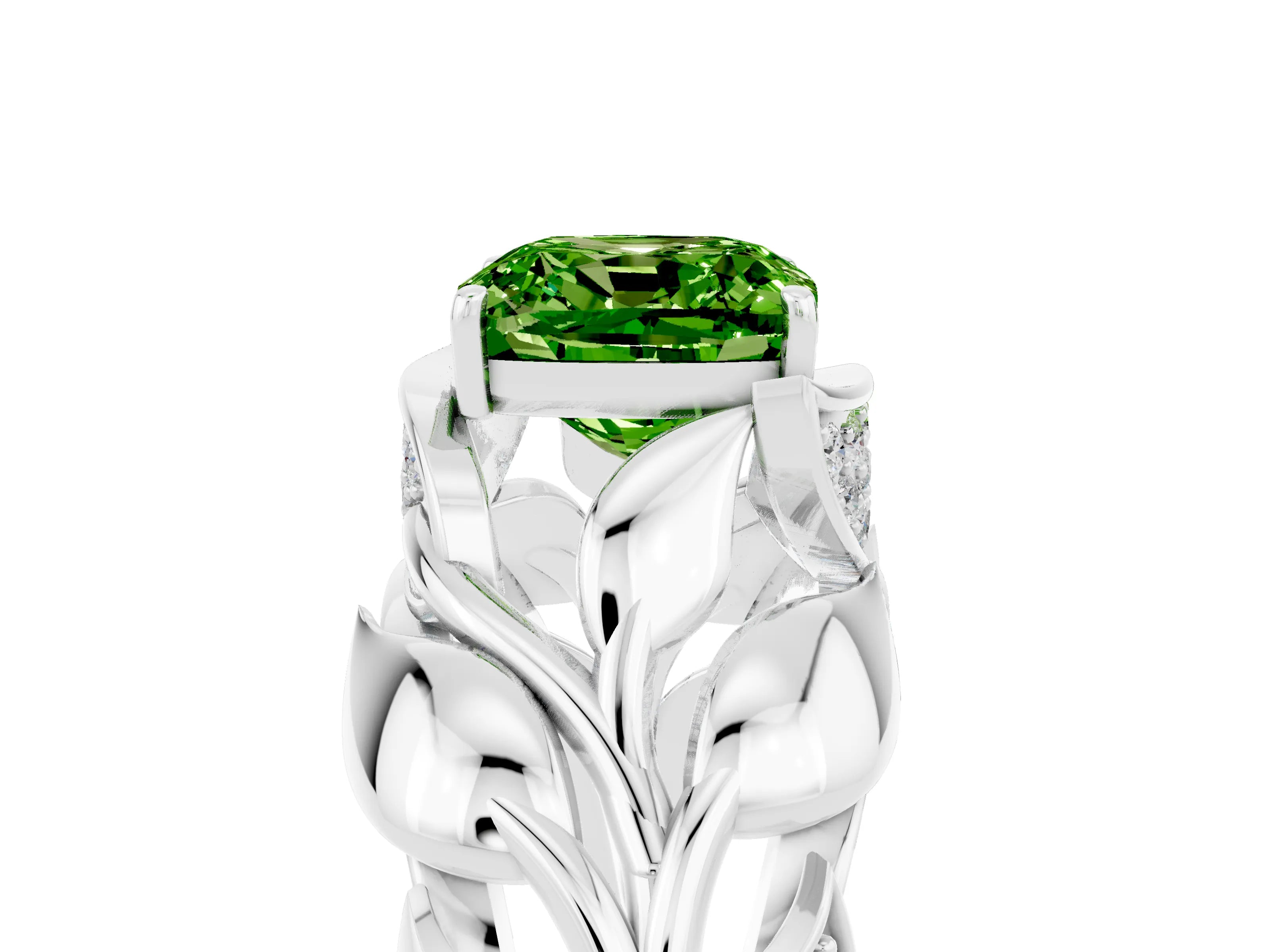 White gold Cushion Cut Solitaire Leaf-Inspired Engagement Ring with Prong Setting_5