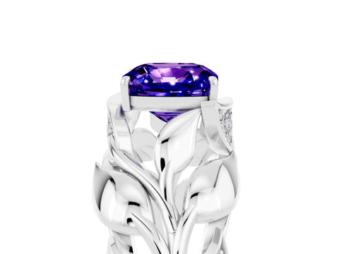 White gold Cushion Cut Solitaire Leaf-Inspired Engagement Ring with Prong Setting_5