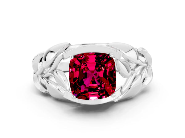 Silver Cushion Cut Garnet Leaf-Inspired Engagement Ring with Round Accents and Prong Setting