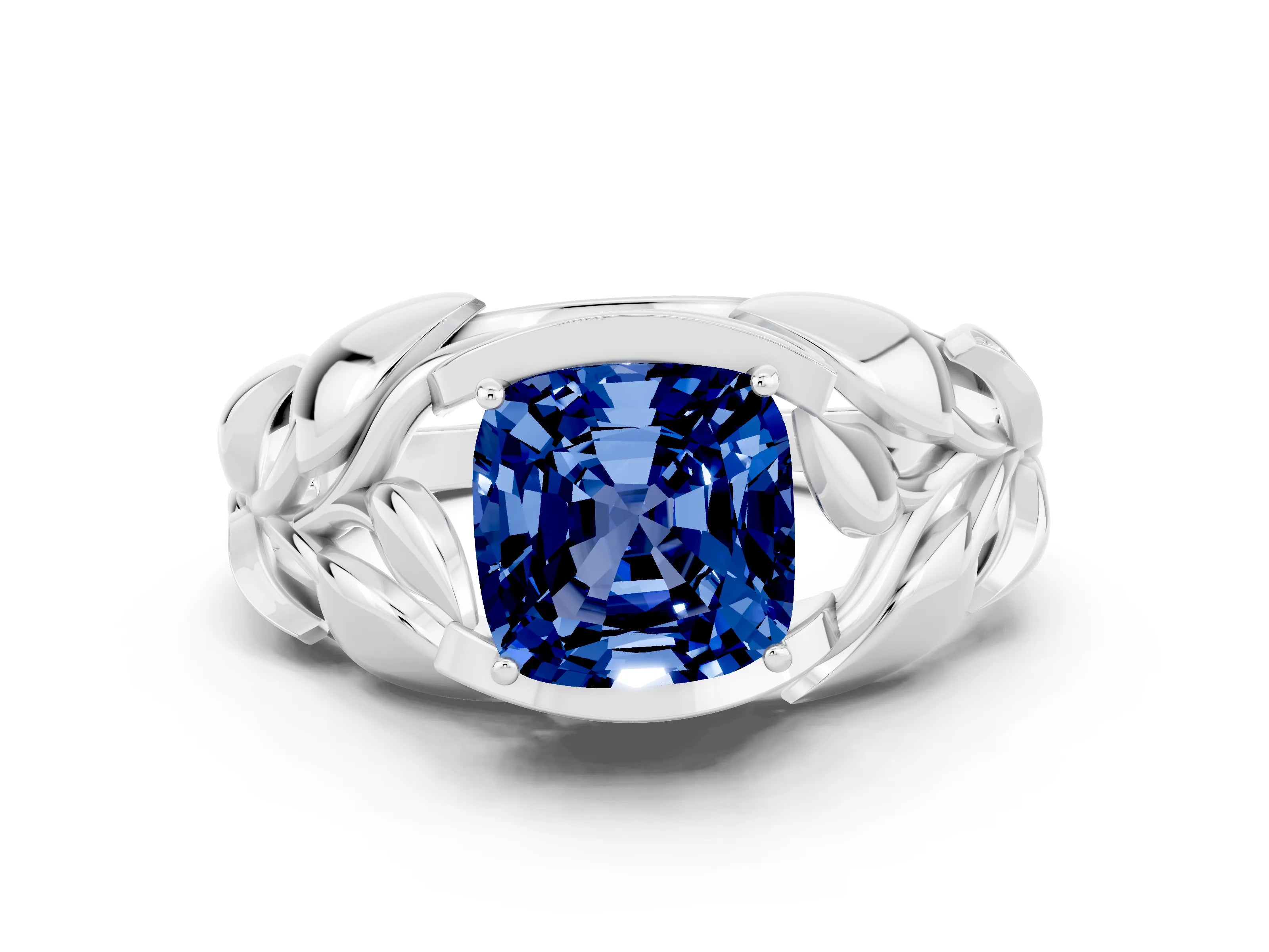 White gold Cushion Cut Solitaire Leaf-Inspired Engagement Ring with Prong Setting