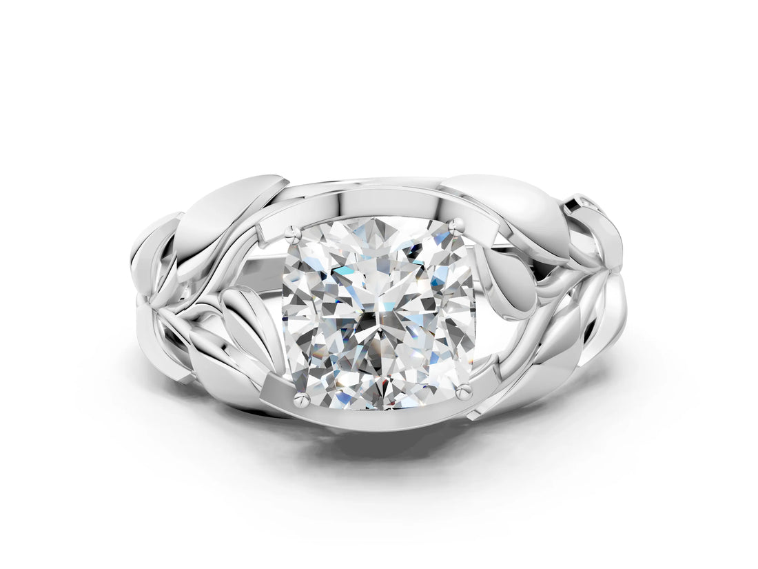 White gold Cushion Cut Solitaire Leaf-Inspired Engagement Ring with Prong Setting_7