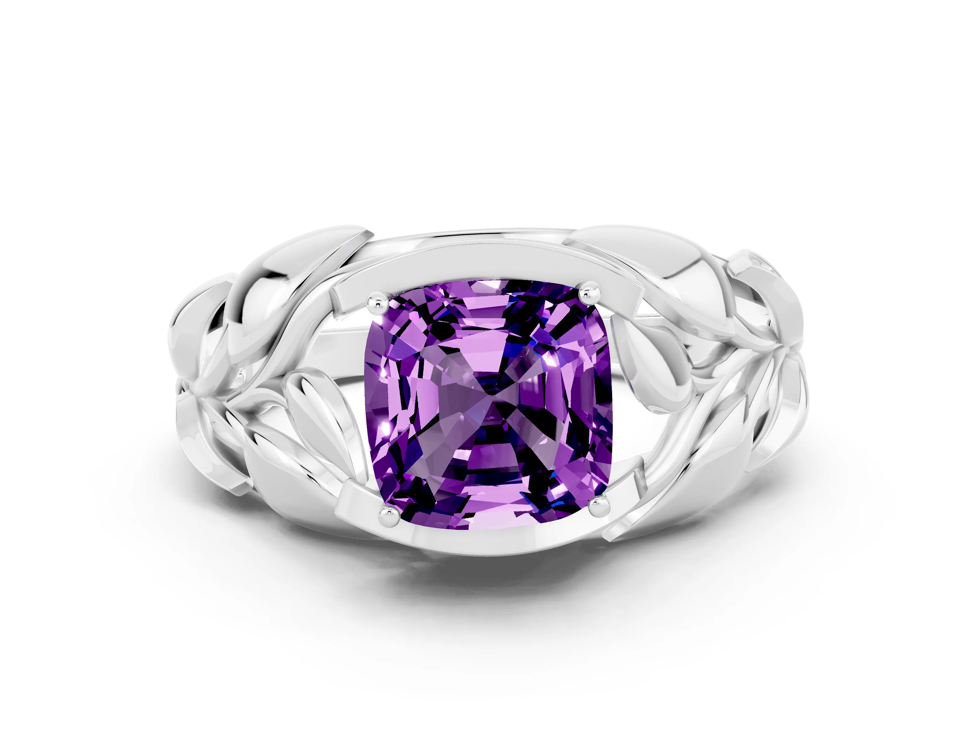 White gold Cushion Cut Solitaire Leaf-Inspired Engagement Ring with Prong Setting