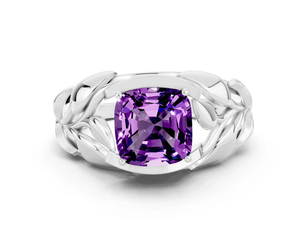 Silver Cushion Cut Amethyst Leaf-Inspired Engagement Ring with Round Accents and Prong Setting