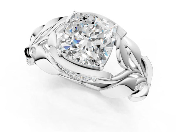 White Gold Cushion Cut Leaf Bypass Engagement Ring Setting with Pave Leaf Panels