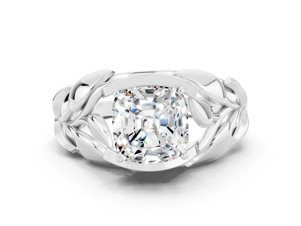 Silver Cushion Cut Moissanite Leaf-Inspired Engagement Ring with Round Accents and Prong Setting