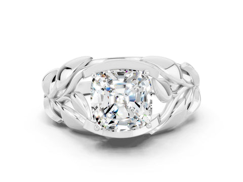 White gold Cushion Cut Solitaire Leaf-Inspired Engagement Ring with Prong Setting