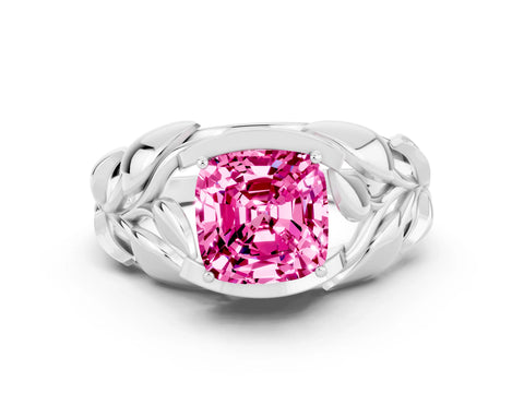 White gold Cushion Cut Solitaire Leaf-Inspired Engagement Ring with Prong Setting