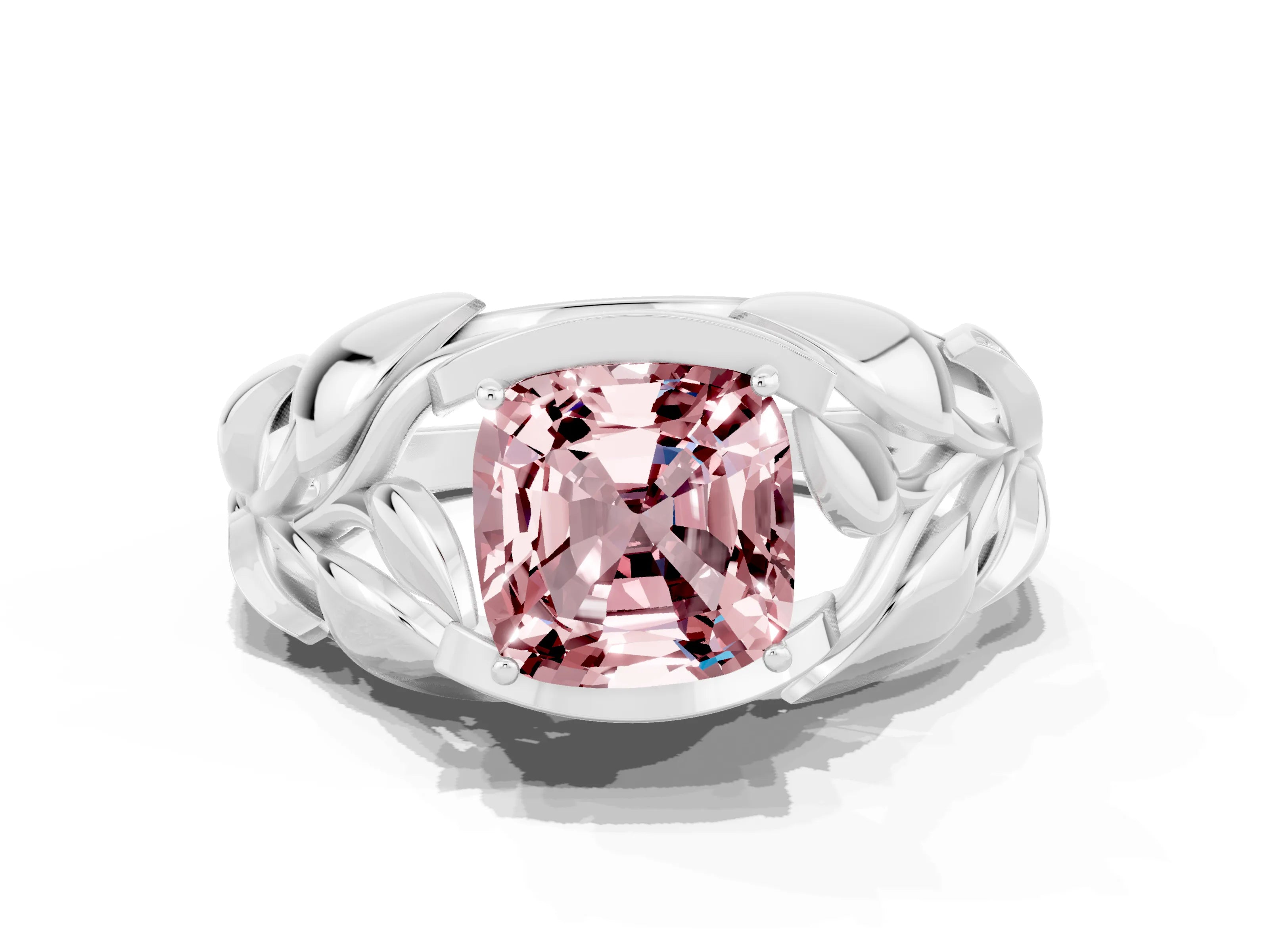 White gold Cushion Cut Solitaire Leaf-Inspired Engagement Ring with Prong Setting