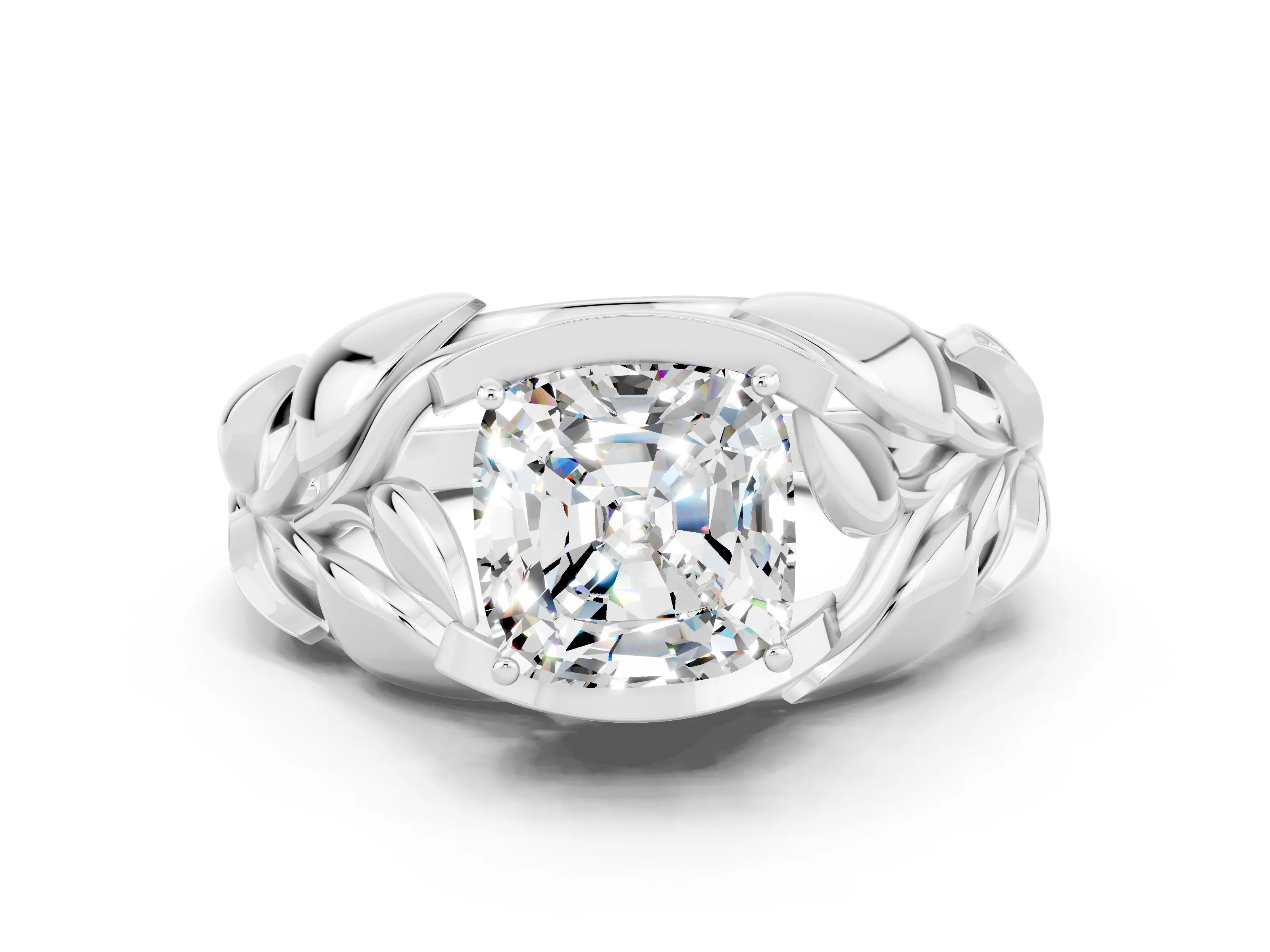 White gold Cushion Cut Solitaire Leaf-Inspired Engagement Ring with Prong Setting