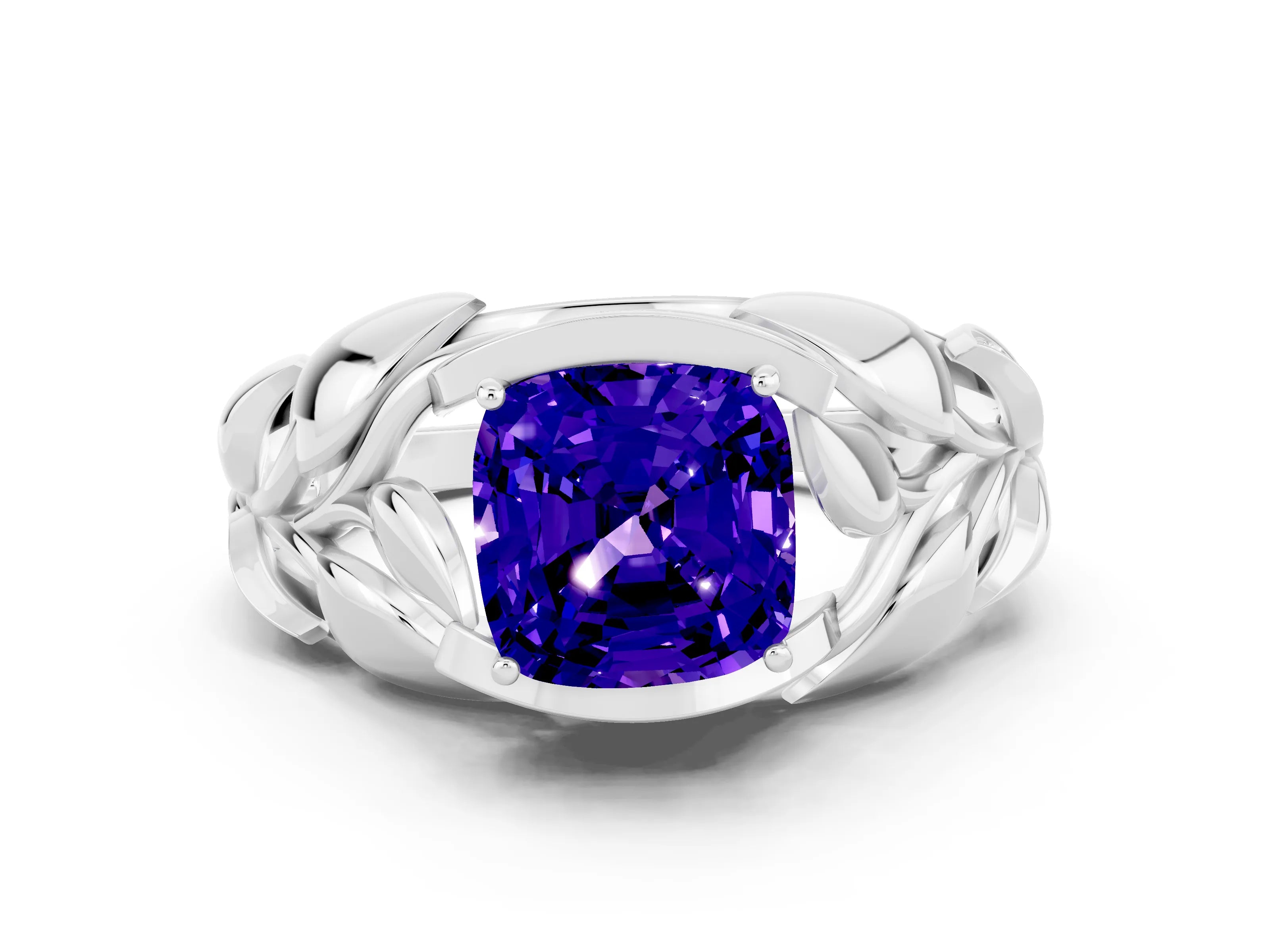 White gold Cushion Cut Solitaire Leaf-Inspired Engagement Ring with Prong Setting