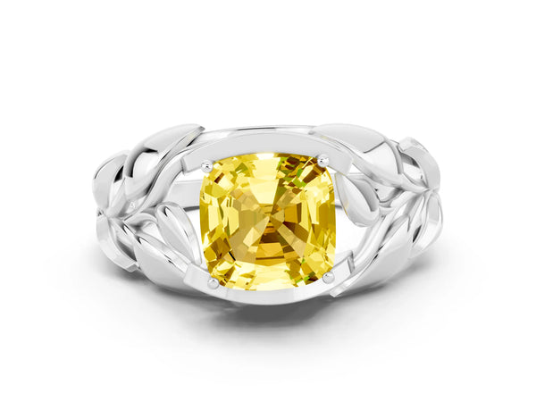 Silver Cushion Cut Yellow Sapphire Leaf-Inspired Engagement Ring with Round Accents and Prong Setting