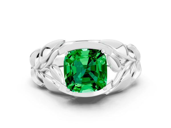 White gold Cushion Cut Emerald Leaf-Inspired Engagement Ring with Round Accents and Prong Setting
