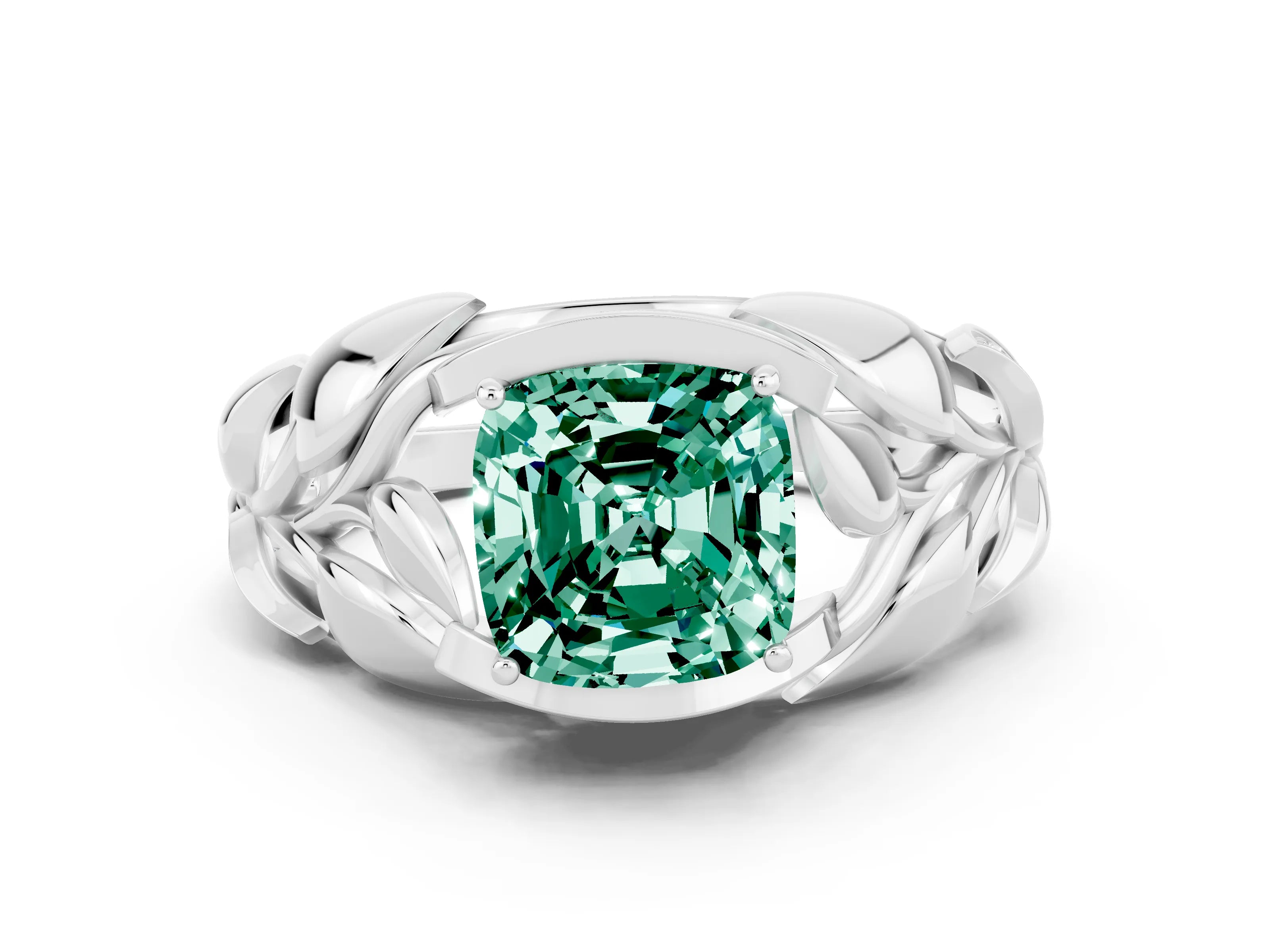 White gold Cushion Cut Solitaire Leaf-Inspired Engagement Ring with Prong Setting
