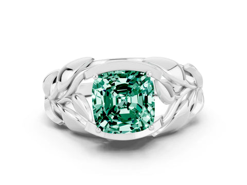 White gold Cushion Cut Solitaire Leaf-Inspired Engagement Ring with Prong Setting