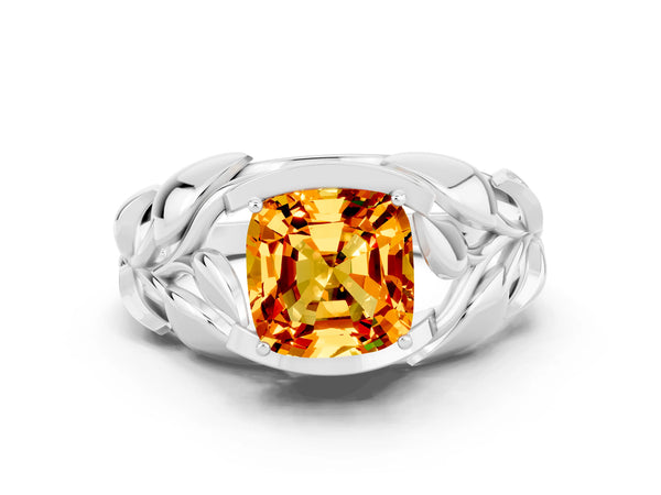 Silver Cushion Cut Citrine Leaf-Inspired Engagement Ring with Round Accents and Prong Setting