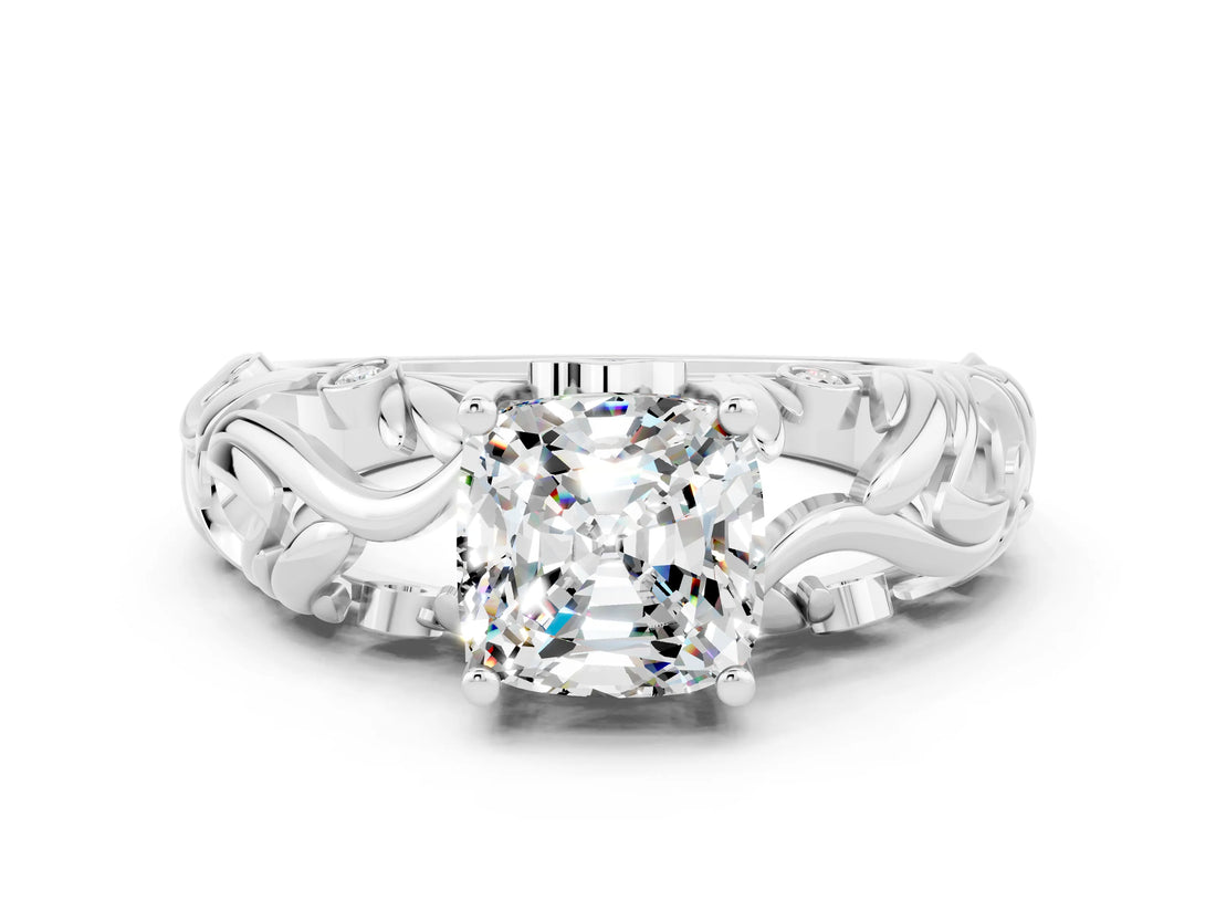 White gold Cushion Cut Solitaire Moissanite Leaf-Inspired Vine Band Ring with Prong Setting