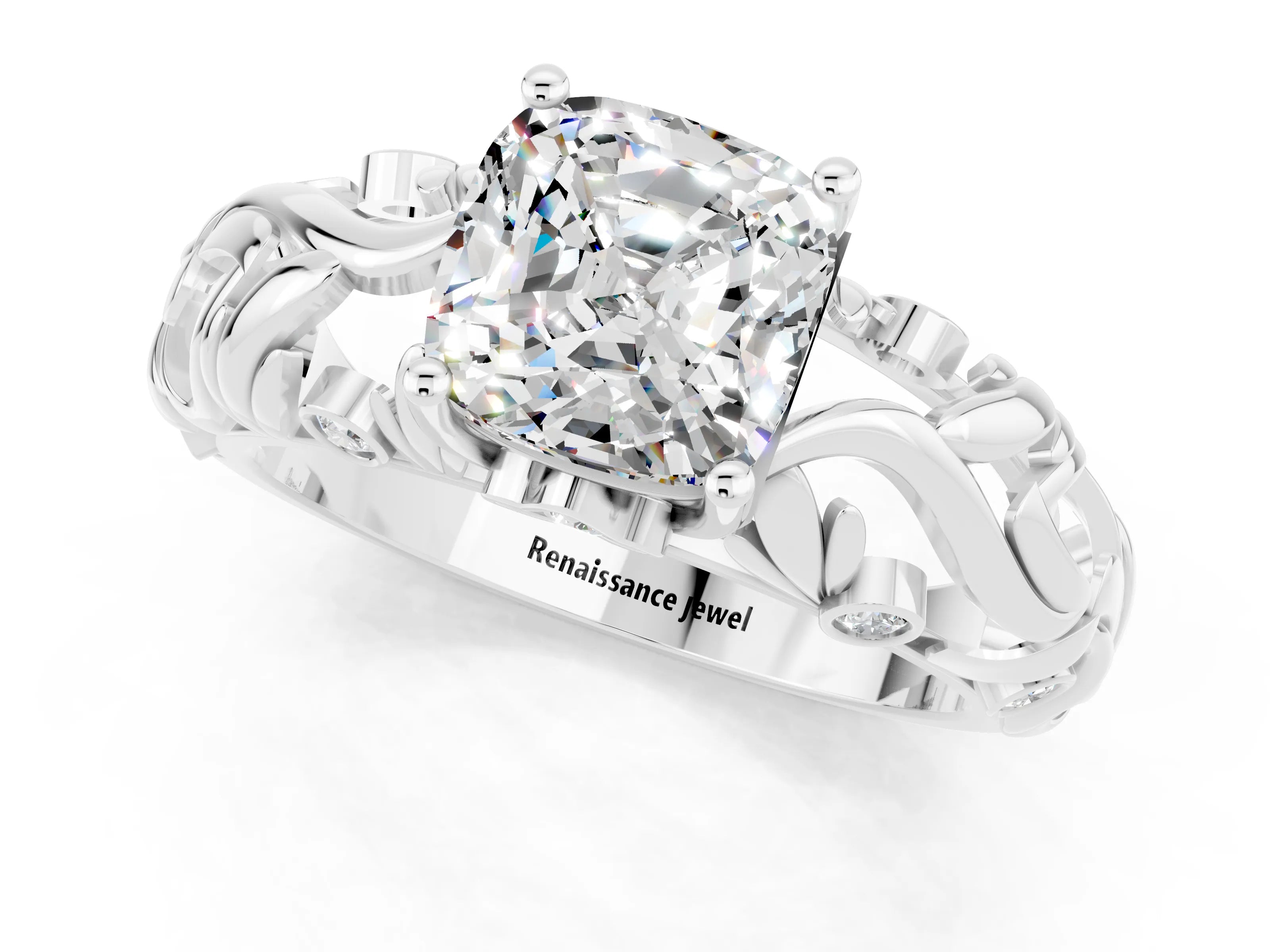 White gold Cushion Cut Solitaire Moissanite Leaf-Inspired Vine Band Ring with Prong Setting_1