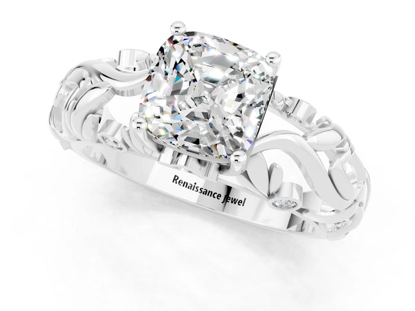 Silver Cushion Cut Solitaire Moissanite Leaf-Inspired Vine Band Ring with Prong Setting
