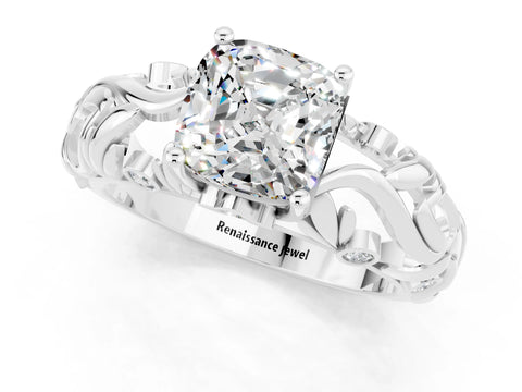 White gold Cushion Cut Solitaire Moissanite Leaf-Inspired Vine Band Ring with Prong Setting_1