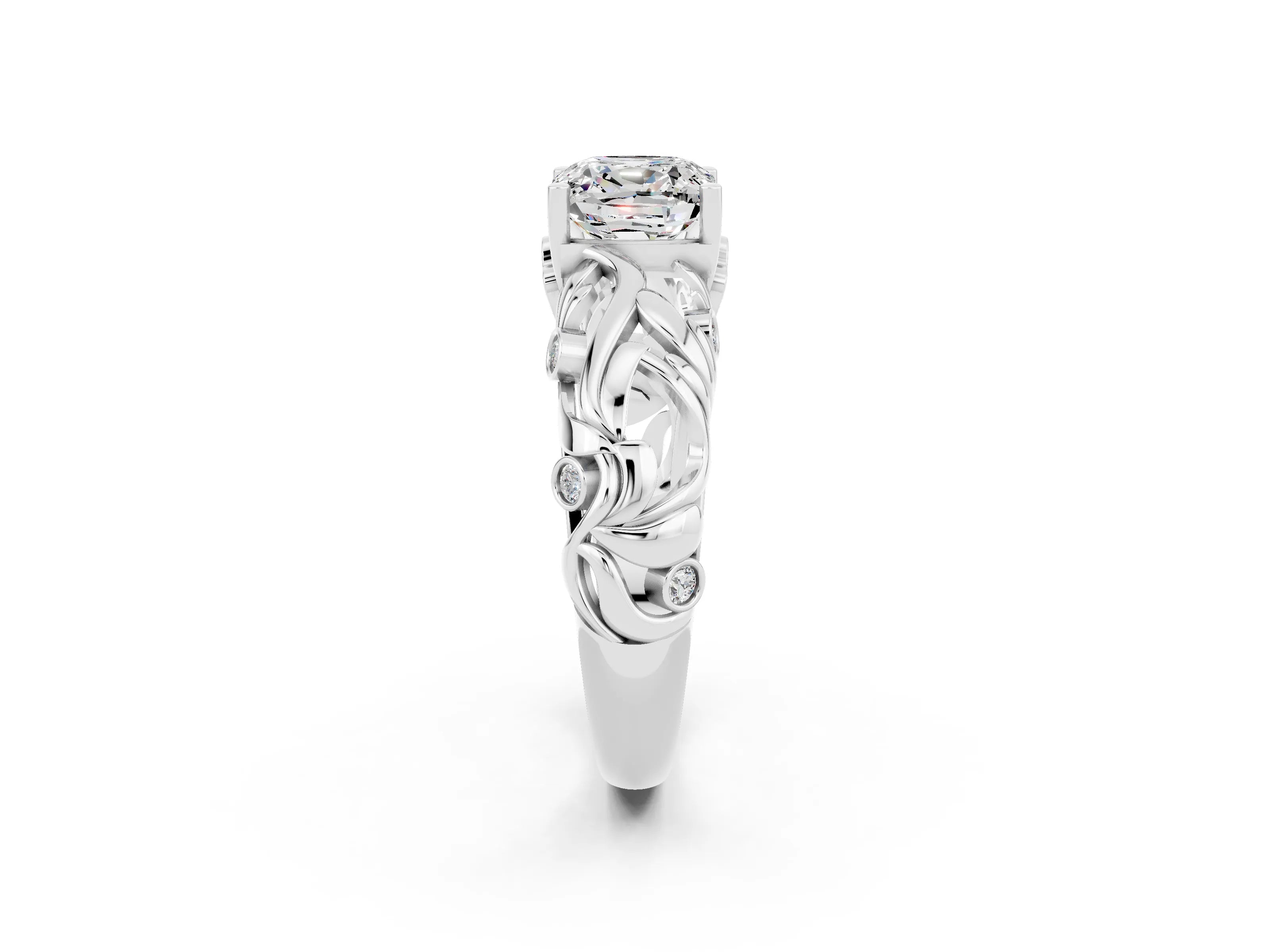 White gold Cushion Cut Solitaire Moissanite Leaf-Inspired Vine Band Ring with Prong Setting_2