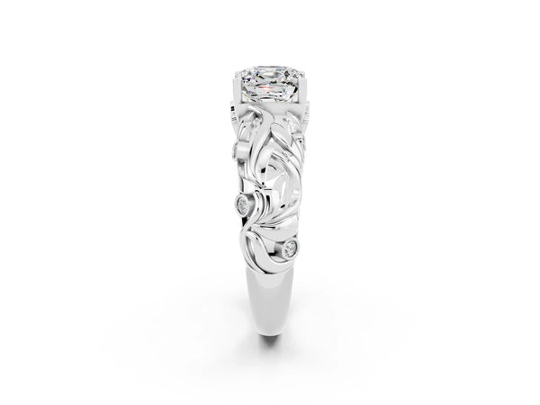 White gold Cushion Cut Solitaire Moissanite Leaf-Inspired Vine Band Ring with Prong Setting