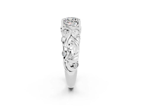 White gold Cushion Cut Solitaire Moissanite Leaf-Inspired Vine Band Ring with Prong Setting_2