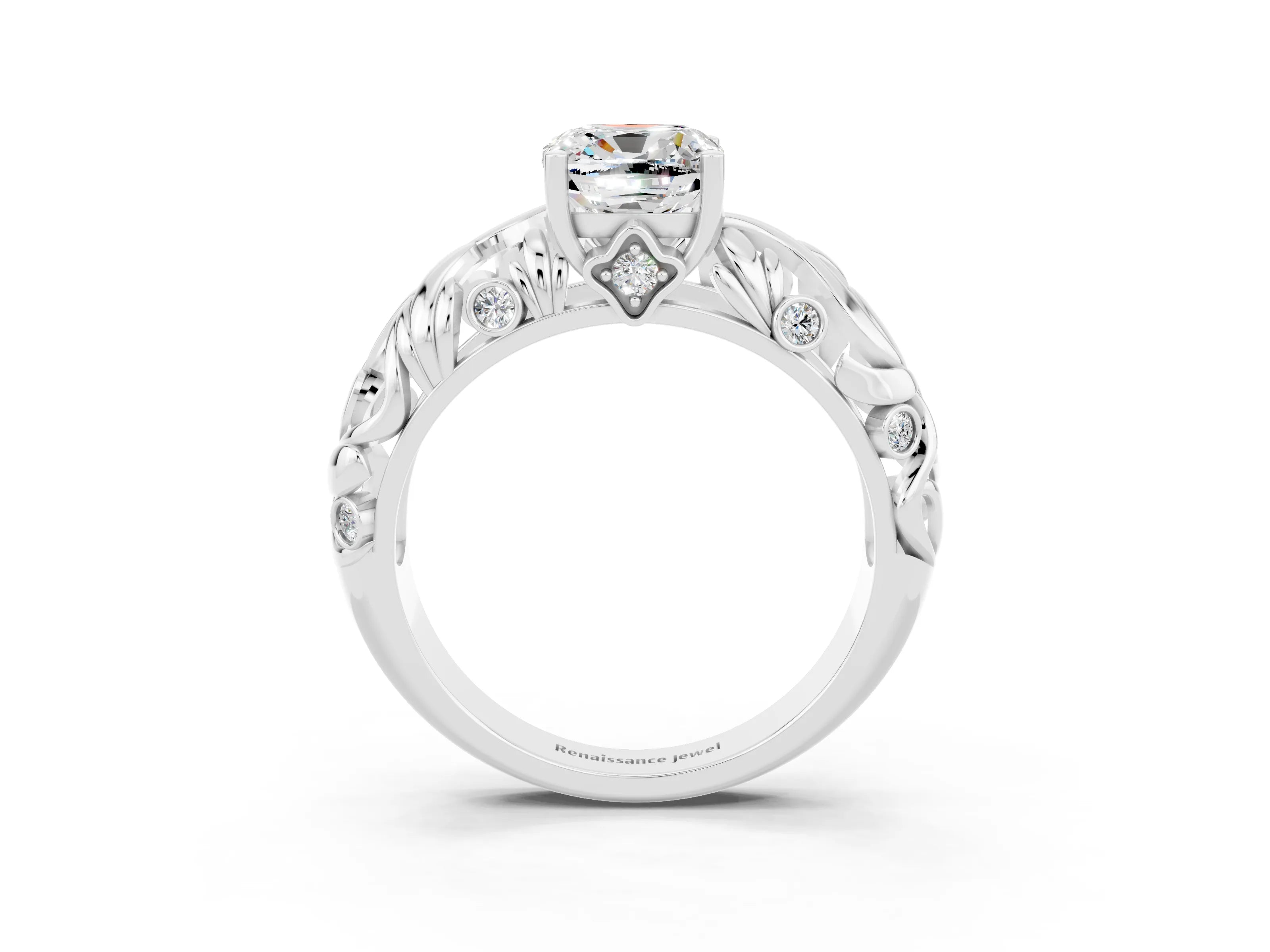 White gold Cushion Cut Solitaire Moissanite Leaf-Inspired Vine Band Ring with Prong Setting_3
