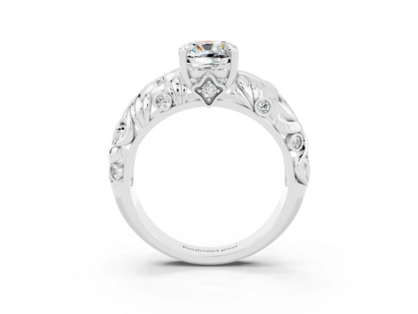 Platinum Cushion Cut Solitaire Moissanite Leaf-Inspired Vine Band Ring with Prong Setting
