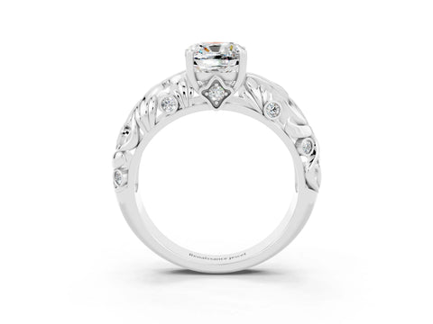 White gold Cushion Cut Solitaire Moissanite Leaf-Inspired Vine Band Ring with Prong Setting_3