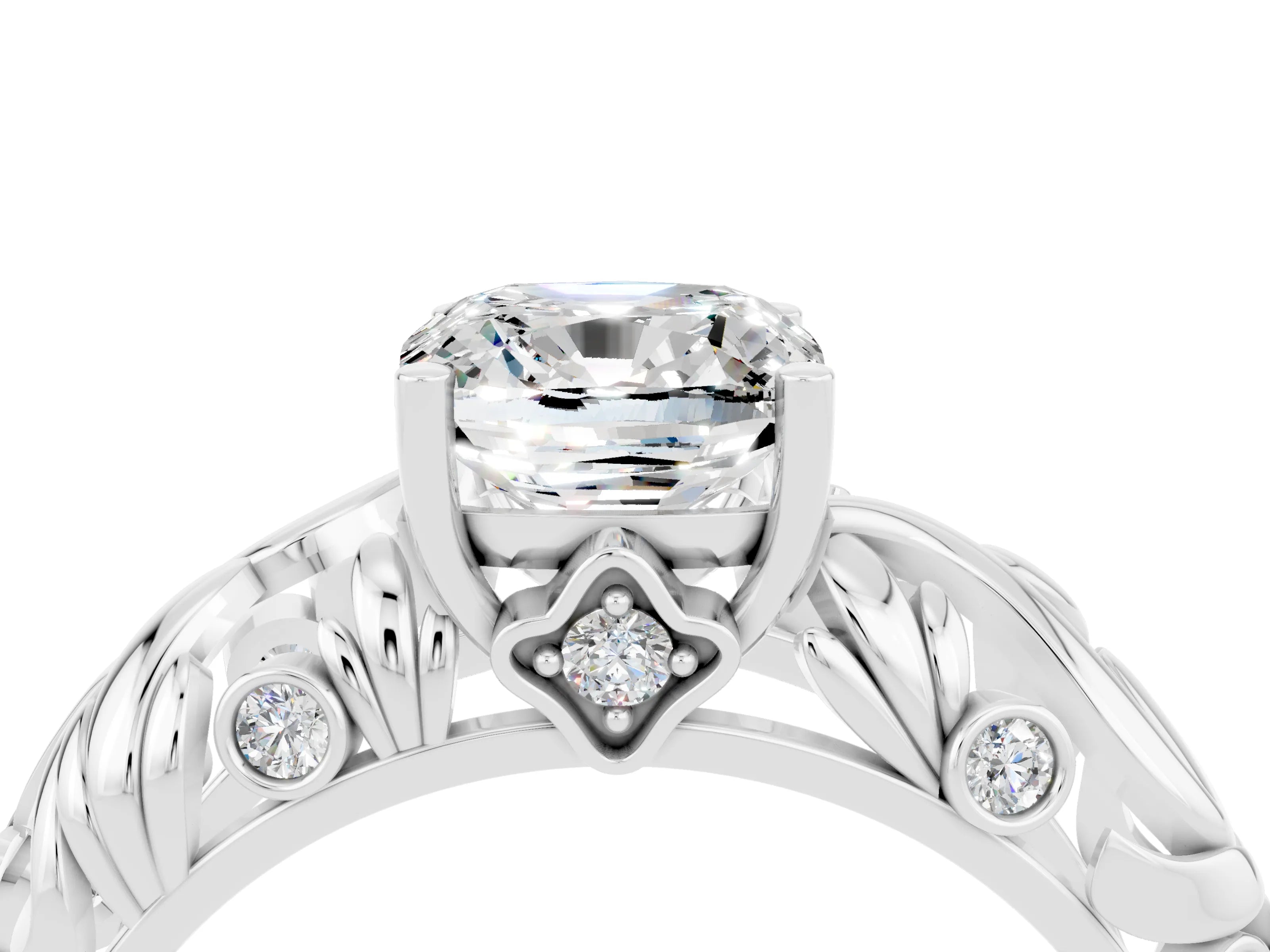 White gold Cushion Cut Solitaire Moissanite Leaf-Inspired Vine Band Ring with Prong Setting_4