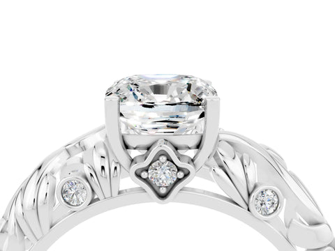 White gold Cushion Cut Solitaire Moissanite Leaf-Inspired Vine Band Ring with Prong Setting_4