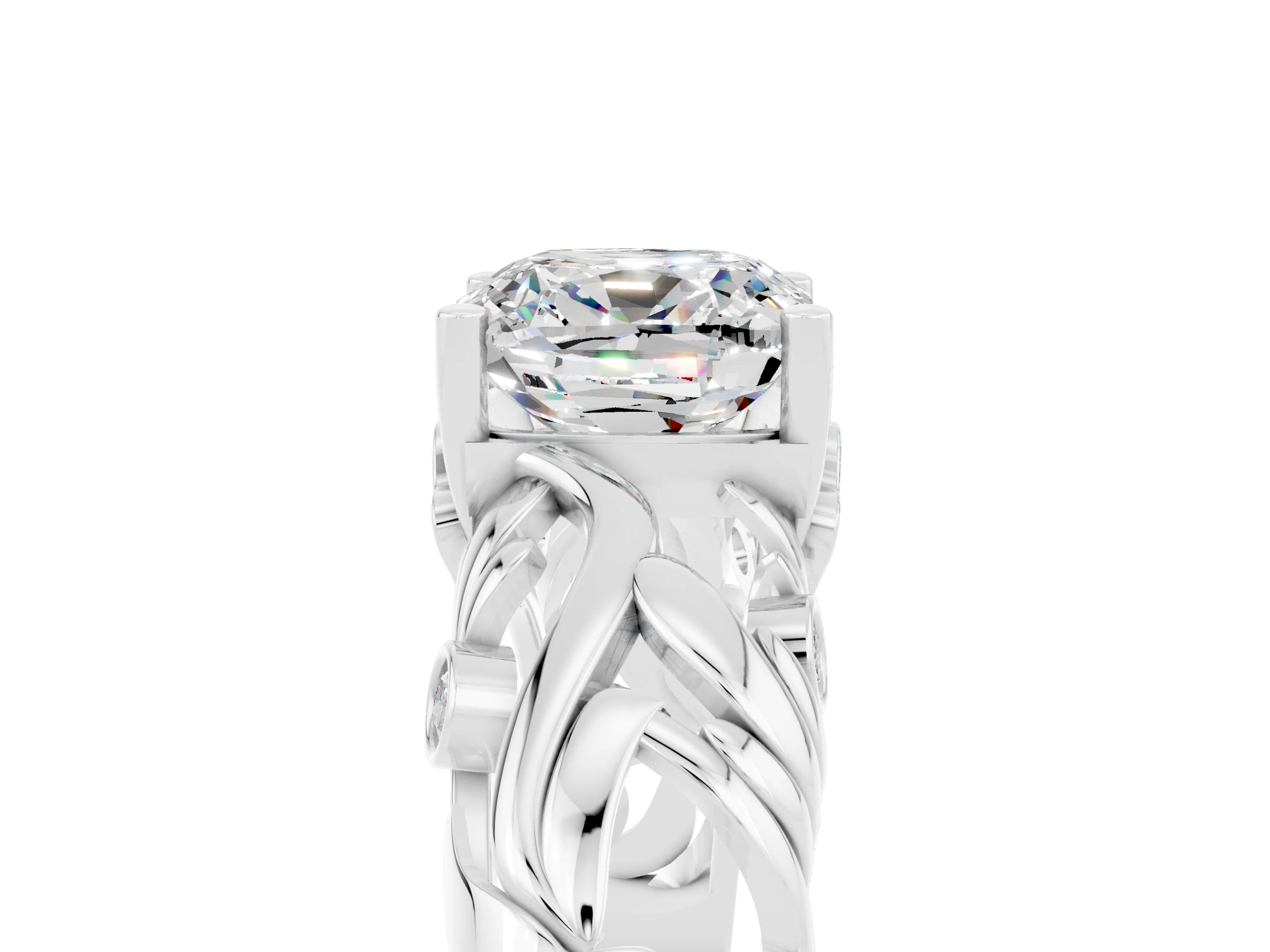 White gold Cushion Cut Solitaire Moissanite Leaf-Inspired Vine Band Ring with Prong Setting_5