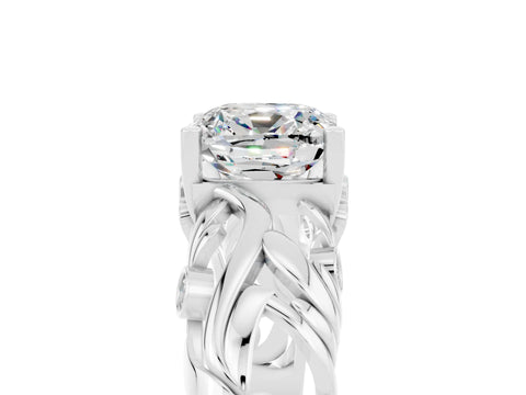 White gold Cushion Cut Solitaire Moissanite Leaf-Inspired Vine Band Ring with Prong Setting_5