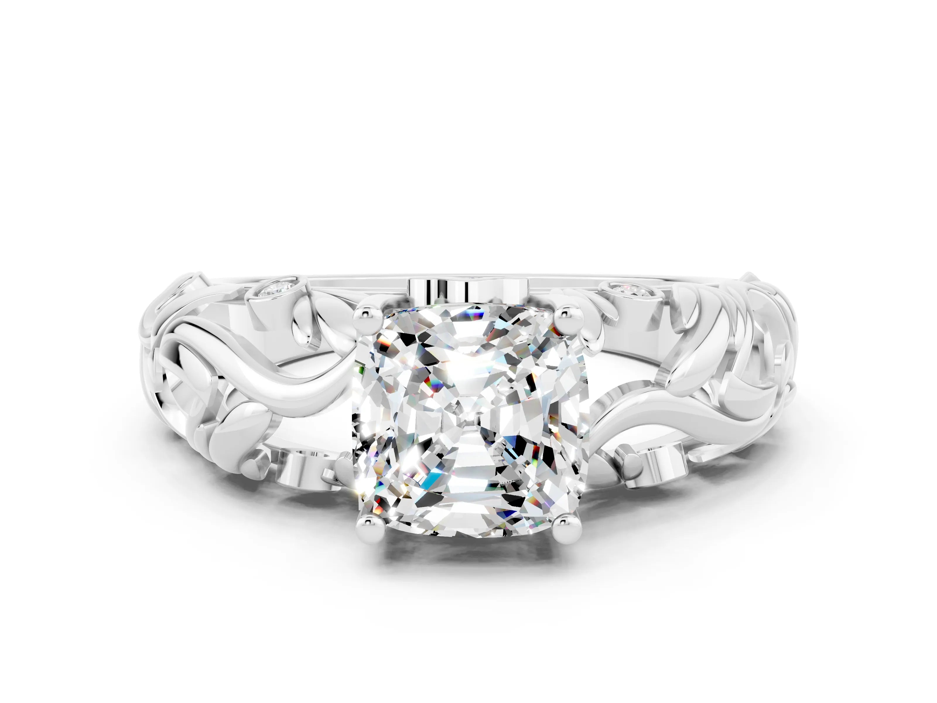 White gold Cushion Cut Solitaire Moissanite Leaf-Inspired Vine Band Ring with Prong Setting