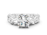 White gold Cushion Cut Solitaire Moissanite Leaf-Inspired Vine Band Ring with Prong Setting