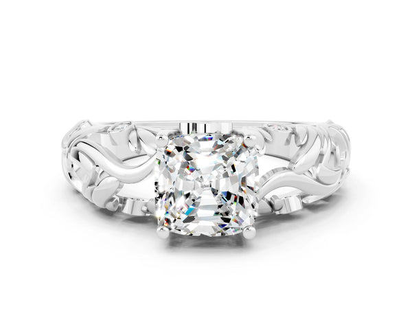 Silver Cushion Cut Solitaire Moissanite Leaf-Inspired Vine Band Ring with Prong Setting