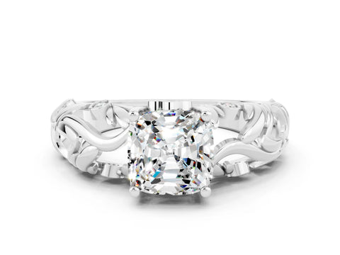White gold Cushion Cut Solitaire Moissanite Leaf-Inspired Vine Band Ring with Prong Setting