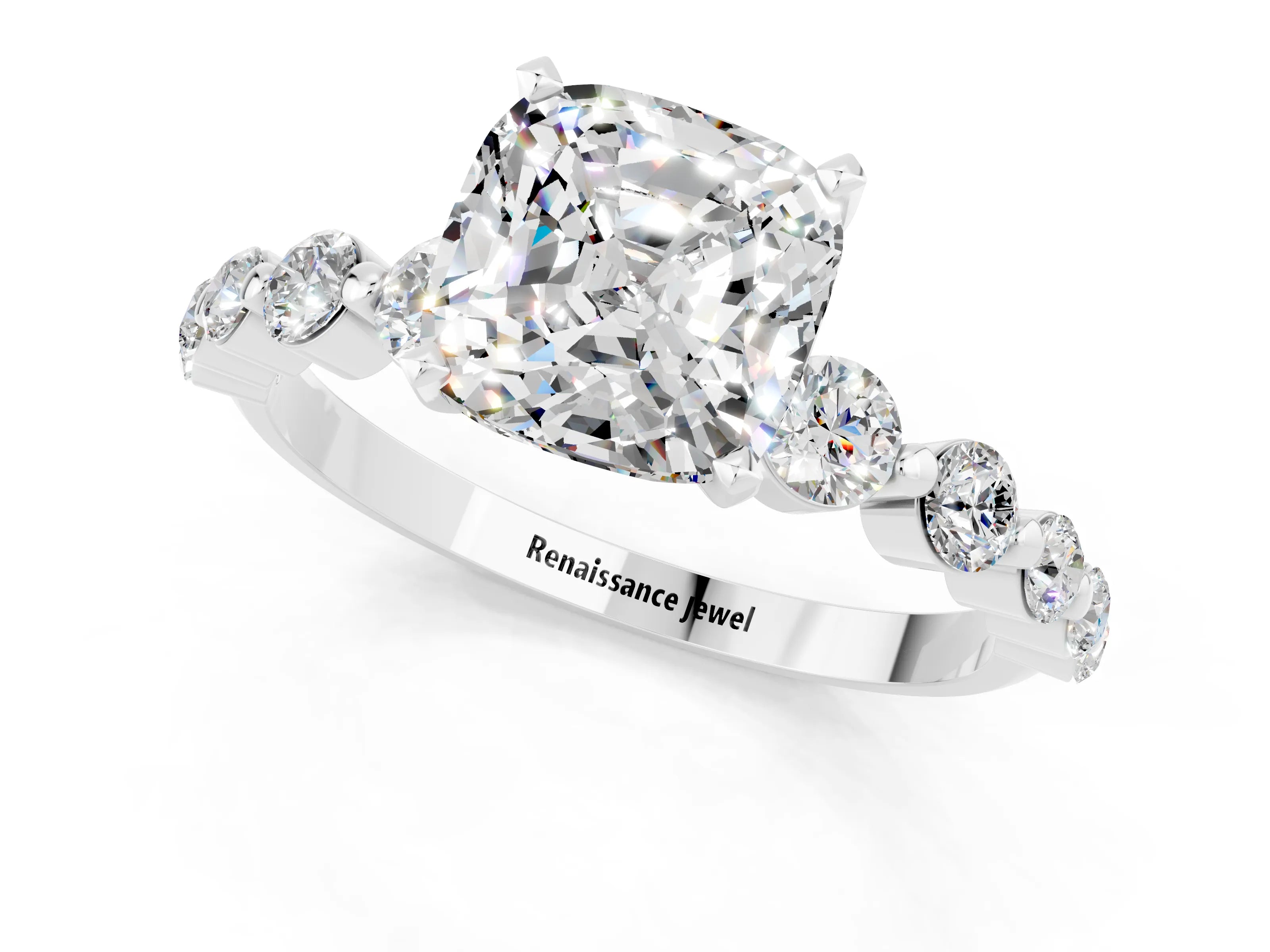 White gold Cushion Cut Solitaire Moissanite Ring with Pave Band and Four-Prong Setting_1