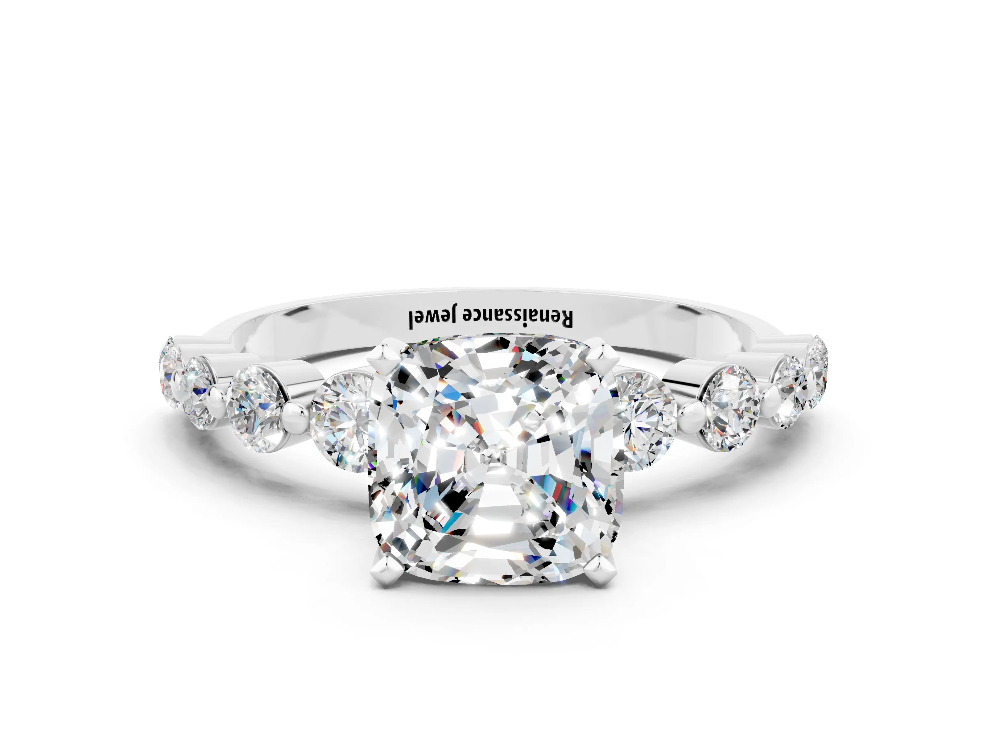 White gold Cushion Cut Solitaire Moissanite Ring with Pave Band and Four-Prong Setting