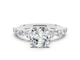 White gold Cushion Cut Solitaire Moissanite Ring with Pave Band and Four-Prong Setting