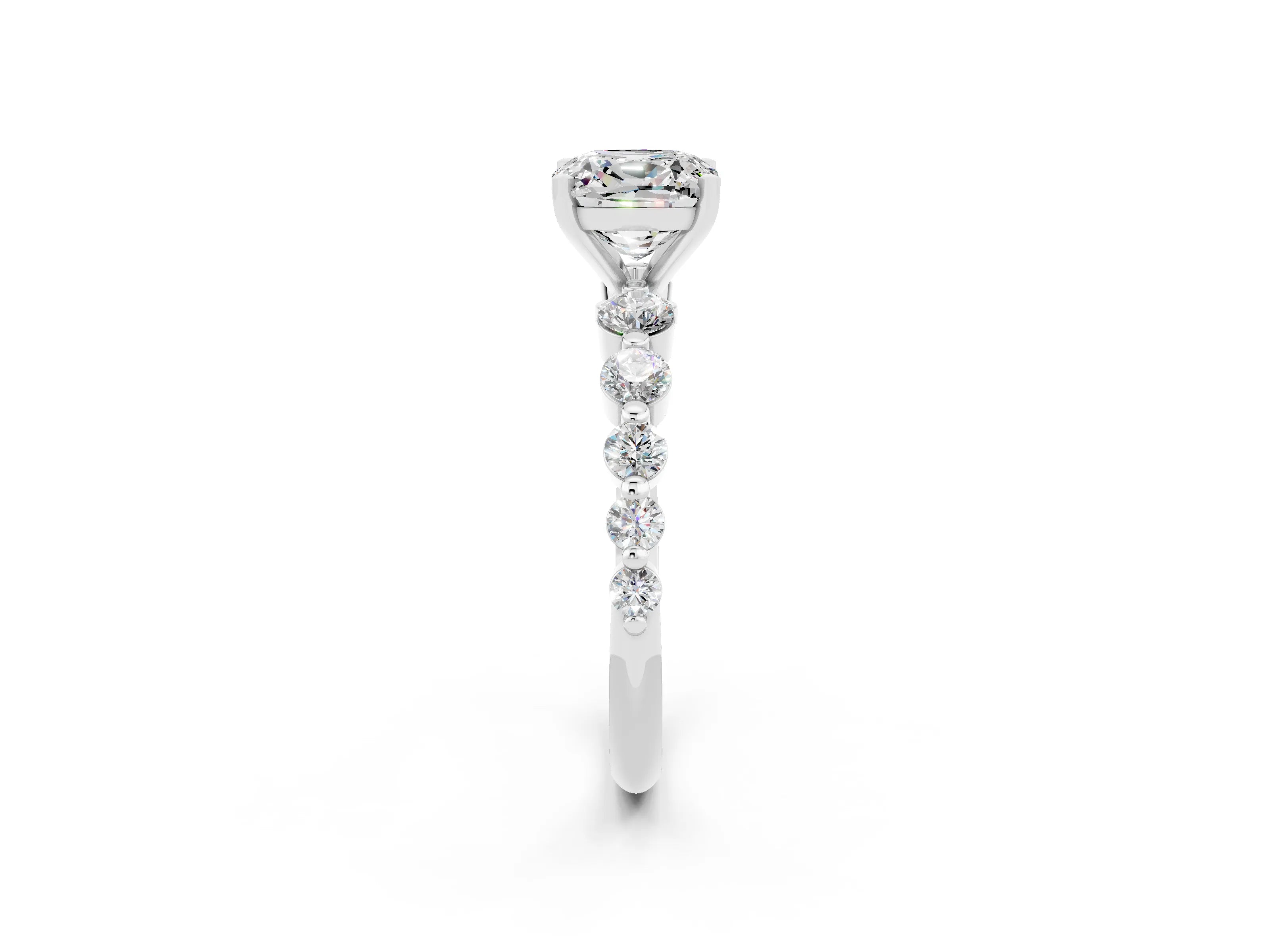 White gold Cushion Cut Solitaire Moissanite Ring with Pave Band and Four-Prong Setting_2